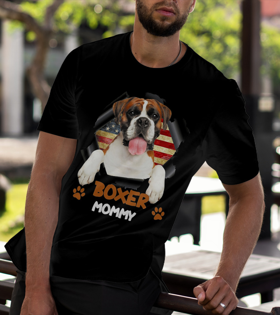 Boxer Mommy Dog With Torn American Flag Background T-Shirt