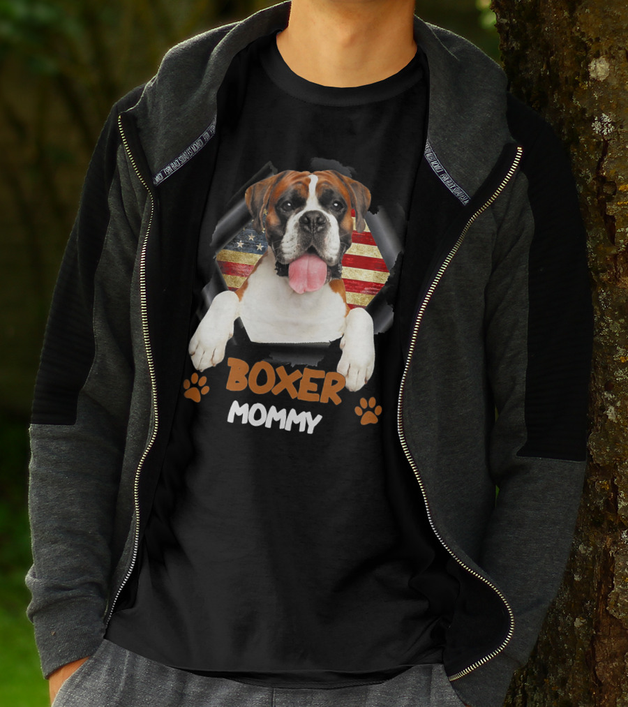 Boxer Mommy Dog With Torn American Flag Background T-Shirt