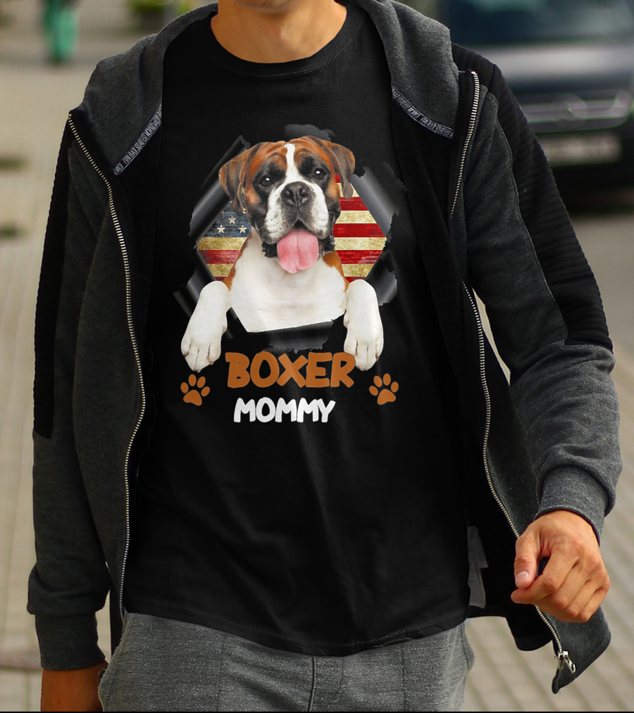 Boxer Mommy Dog With Torn American Flag Background T-Shirt