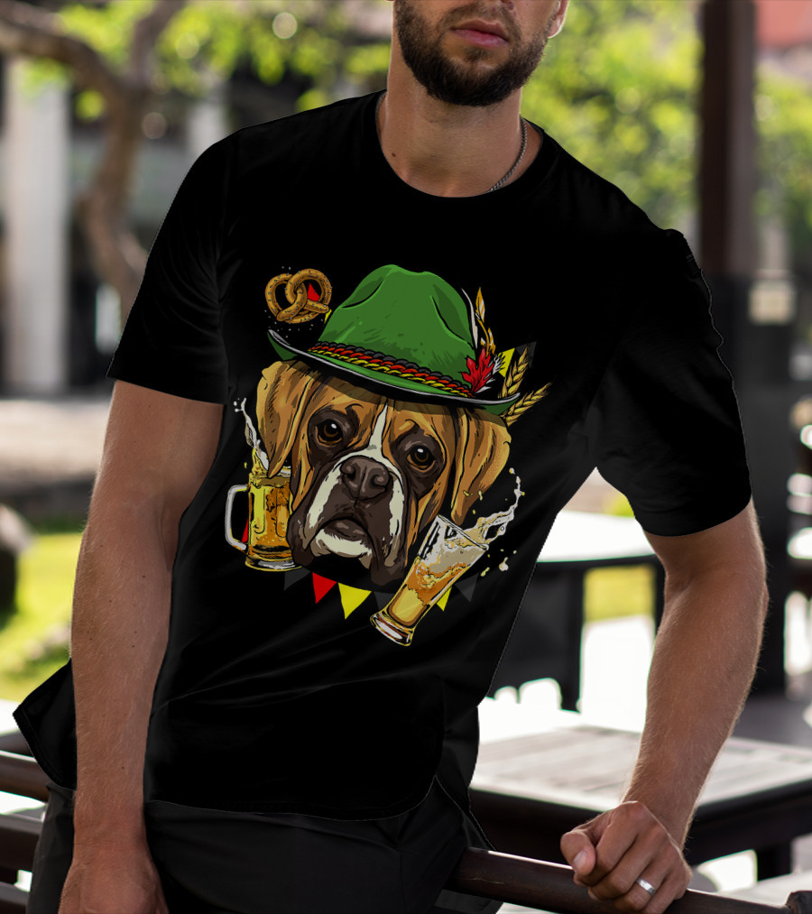 Oktoberfest Boxer Dog Lederhosen Beer Pretzel Hat T-Shirt