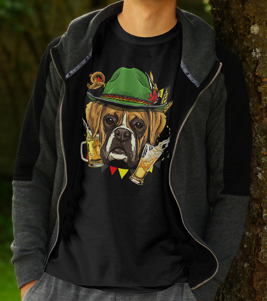 Oktoberfest Boxer Dog Lederhosen Beer Pretzel Hat T-Shirt