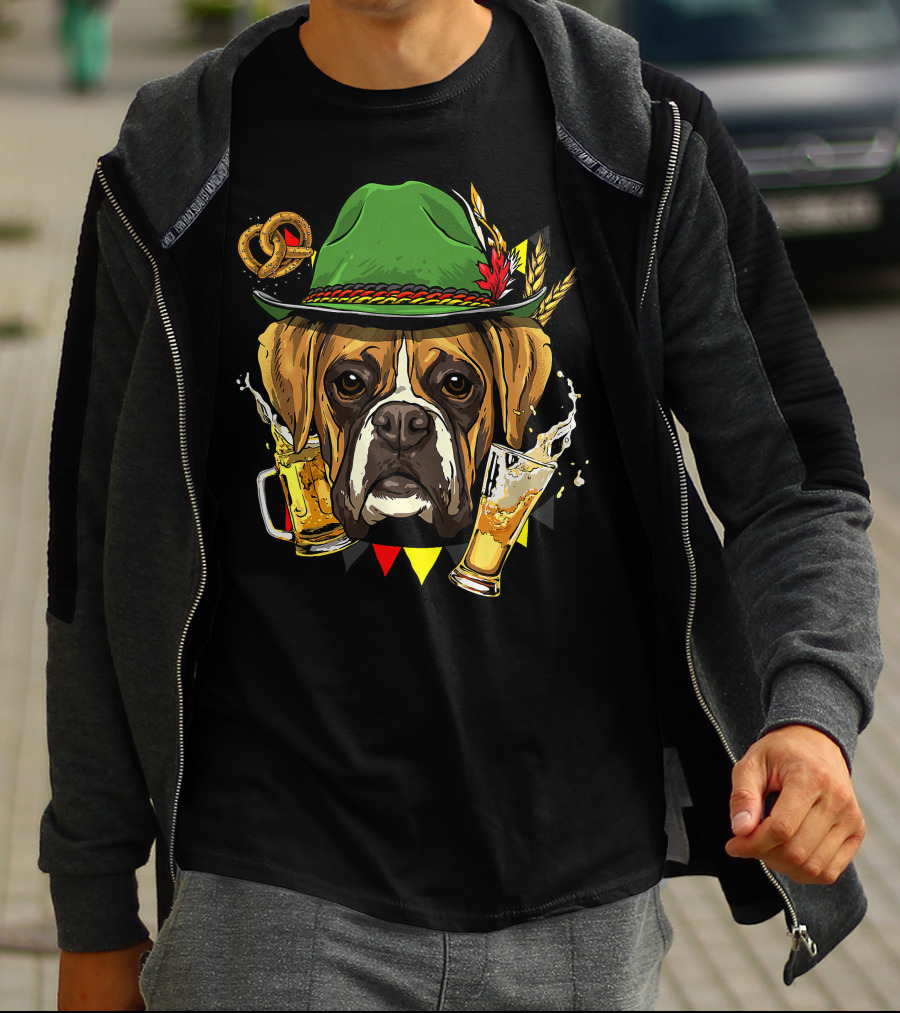 Oktoberfest Boxer Dog Lederhosen Beer Pretzel Hat T-Shirt