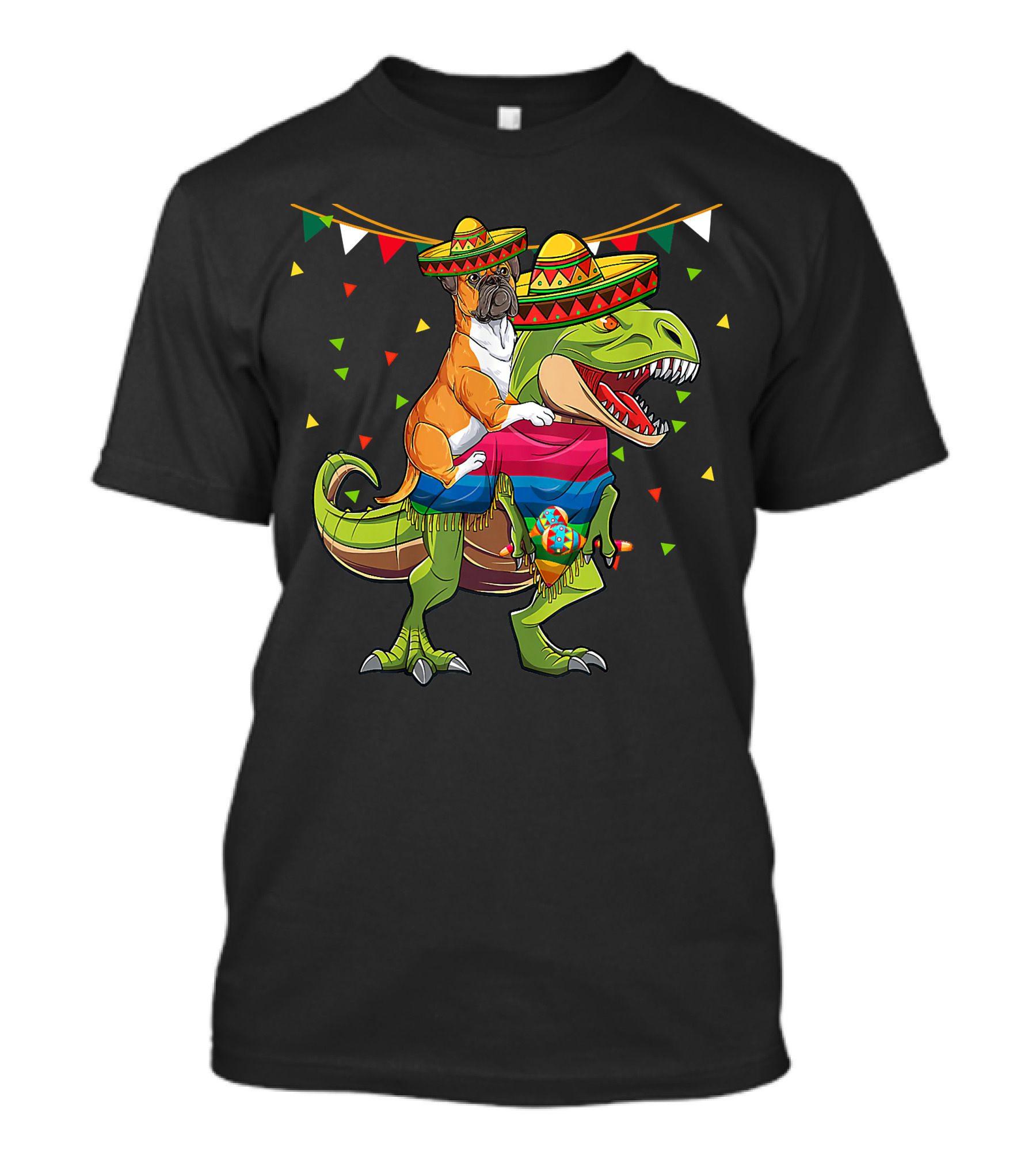 Boxer Dog With Sombrero Riding Dinosaur Rex Fiesta Flag Party T-Shirt