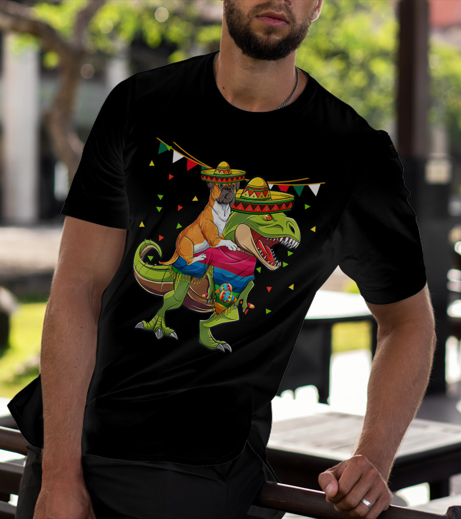 Boxer Dog With Sombrero Riding Dinosaur Rex Fiesta Flag Party T-Shirt