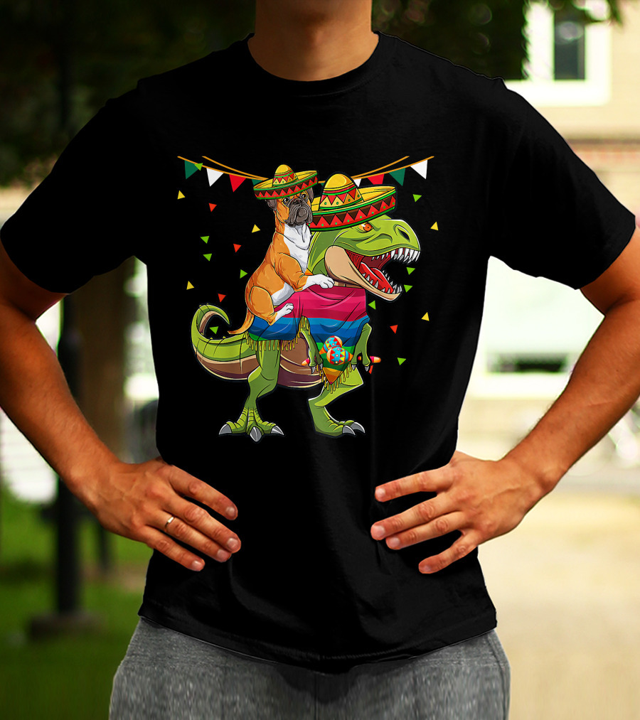 Boxer Dog With Sombrero Riding Dinosaur Rex Fiesta Flag Party T-Shirt