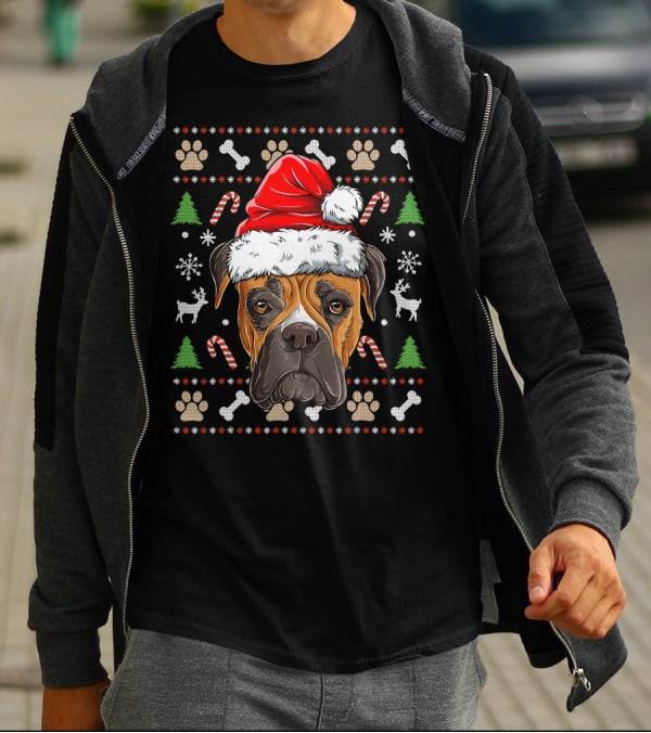 Seasonal Spirit Boxer In Christmas Santa Hat With Candy Canes And Snowflakes T-Shirt