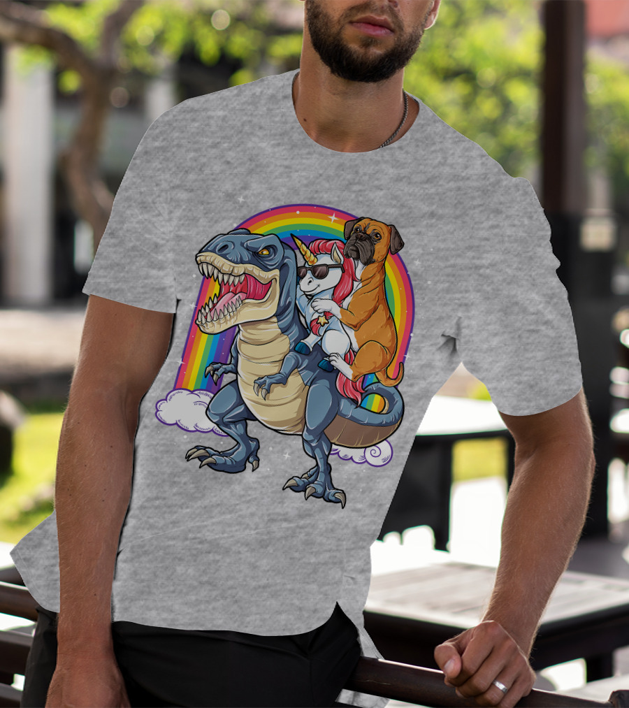 Boxer Riding Dinosaur Unicorn T-Shirt