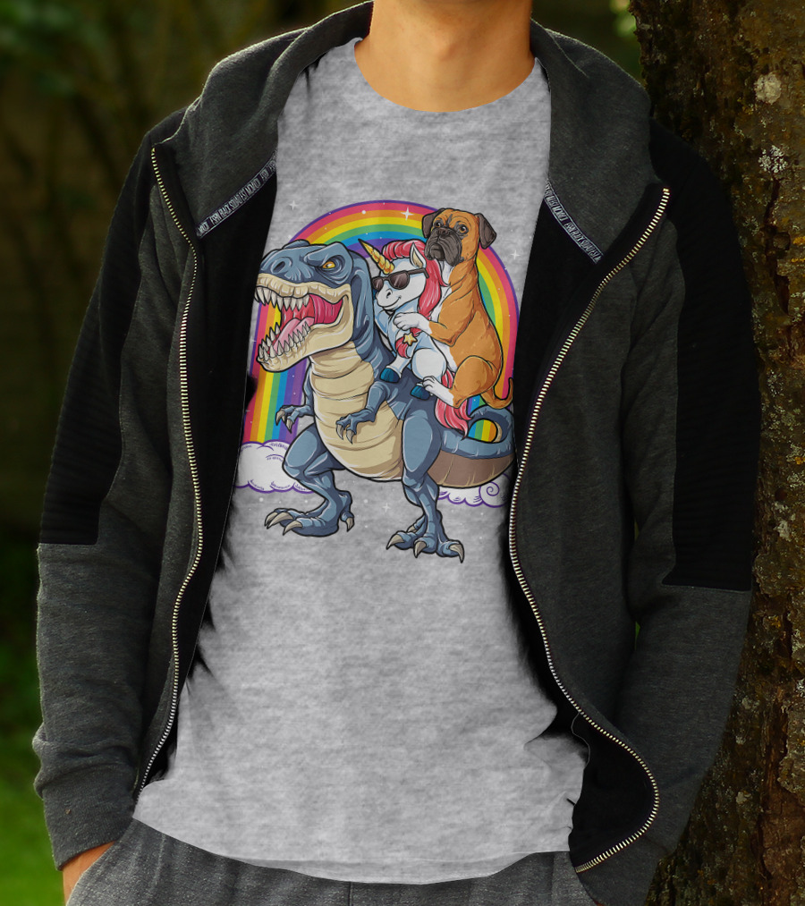 Boxer Riding Dinosaur Unicorn T-Shirt