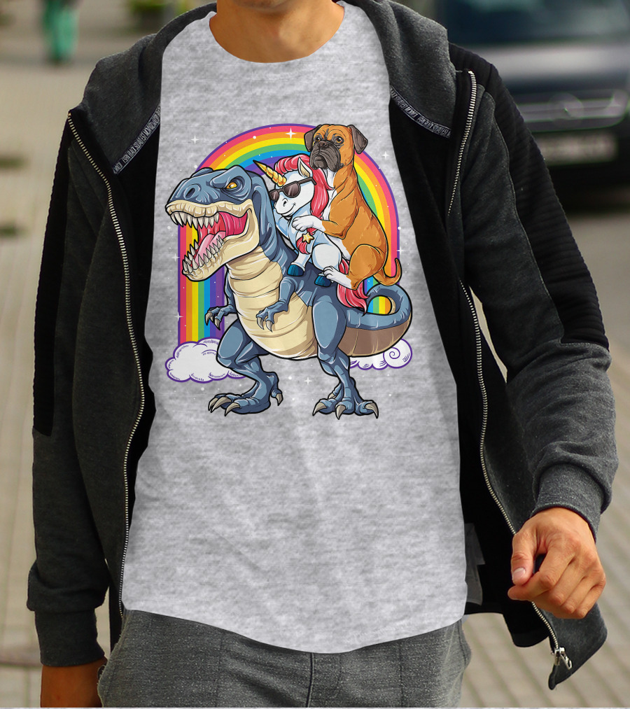 Boxer Riding Dinosaur Unicorn T-Shirt