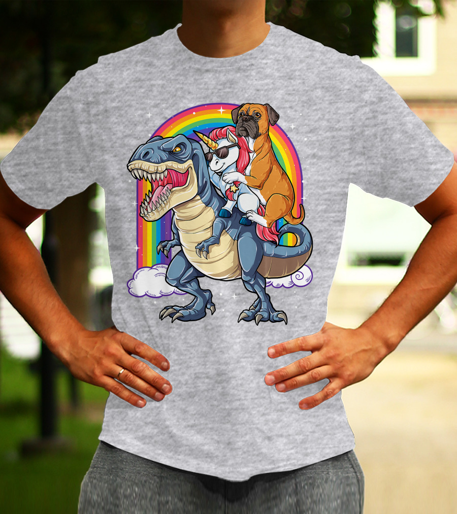 Boxer Riding Dinosaur Unicorn T-Shirt