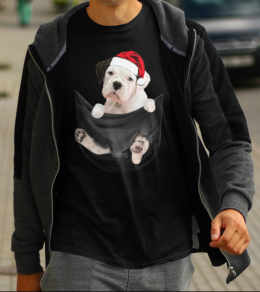 White Boxer Dog Santa Hat Christmas Pocket Mid-Length T-Shirt