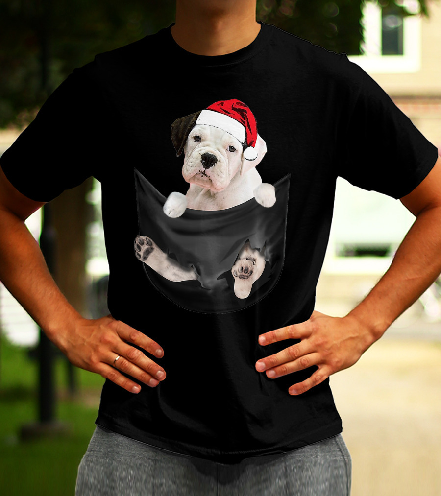 White Boxer Dog Santa Hat Christmas Pocket Mid-Length T-Shirt