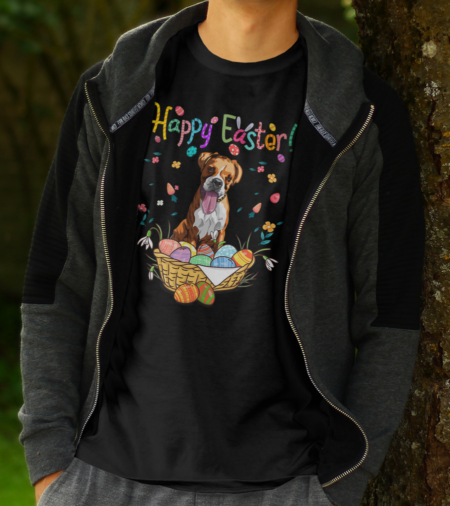 Happy Easter Bunny Boxer Dog In Egg Basket T-Shirt