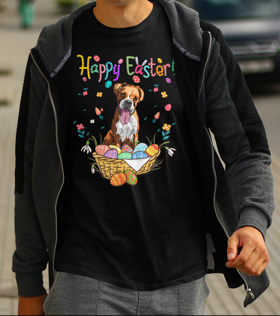 Happy Easter Bunny Boxer Dog In Egg Basket T-Shirt