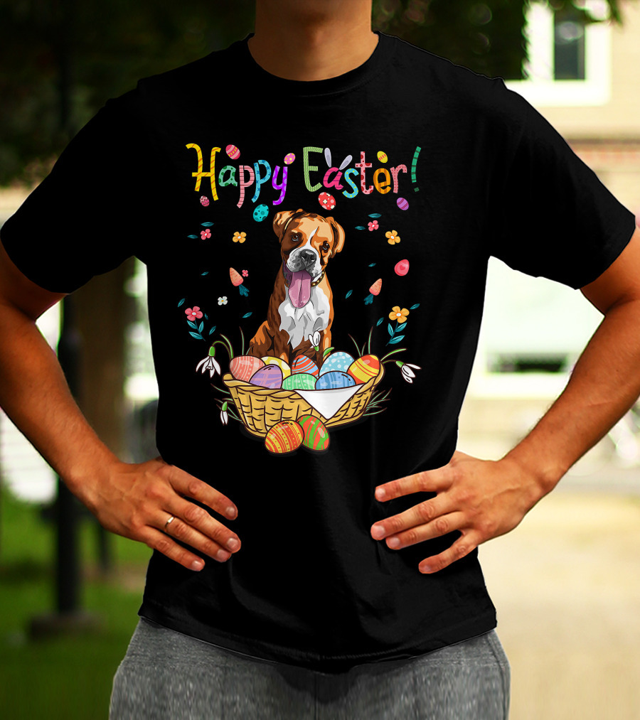 Happy Easter Bunny Boxer Dog In Egg Basket T-Shirt