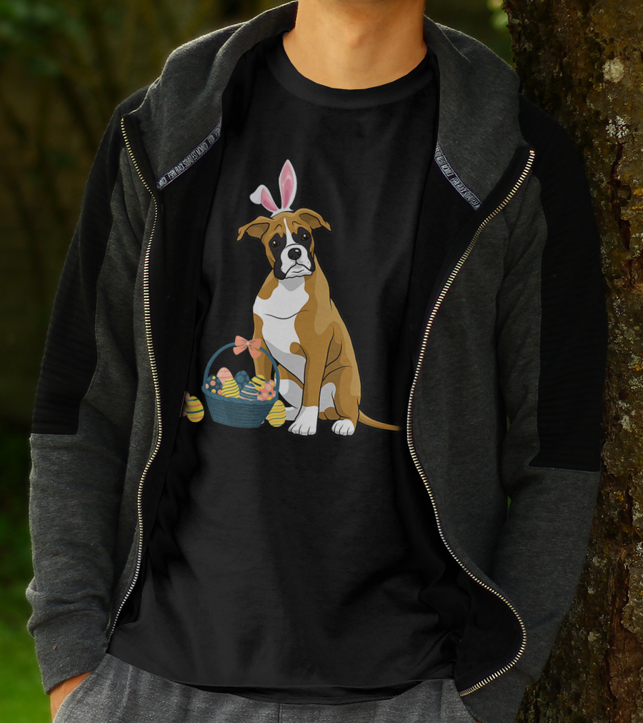 Bunny Ears Boxer Dog Cute Doge Rabbit With Easter Eggs Basket T-Shirt