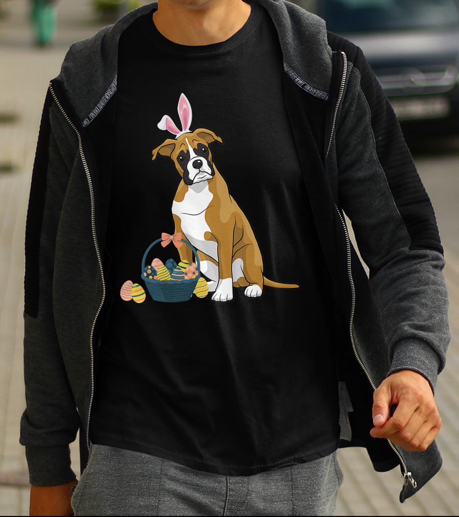 Bunny Ears Boxer Dog Cute Doge Rabbit With Easter Eggs Basket T-Shirt