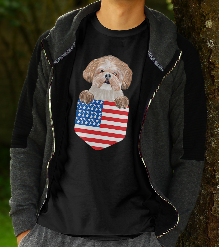 Shih Tzu Dog In American Flag Pocket T-Shirt