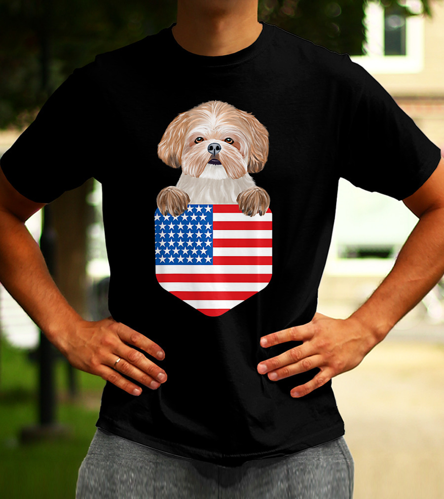 Shih Tzu Dog In American Flag Pocket T-Shirt