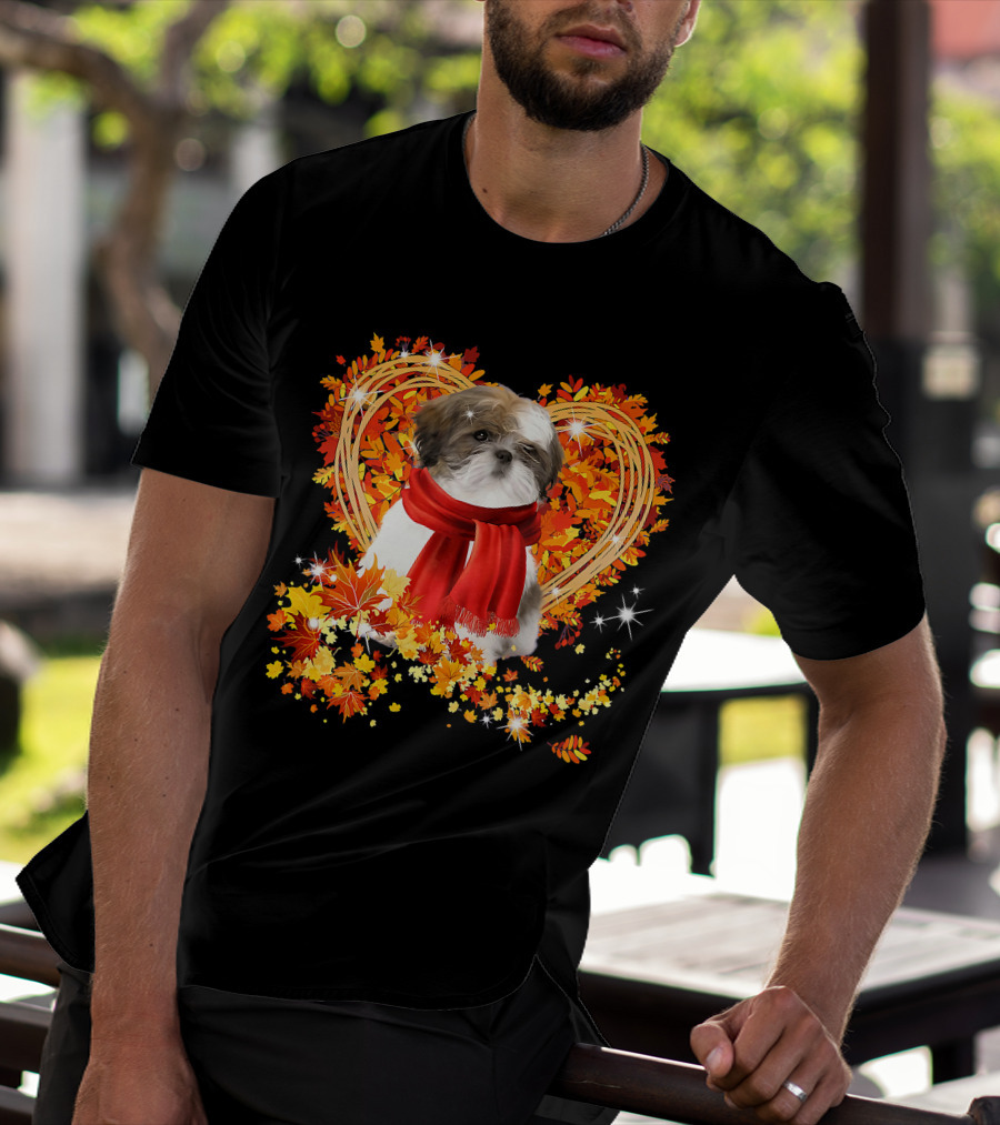 Baby Shih Tzu Love Autumn Fall Season With Heart Leaves T-Shirt