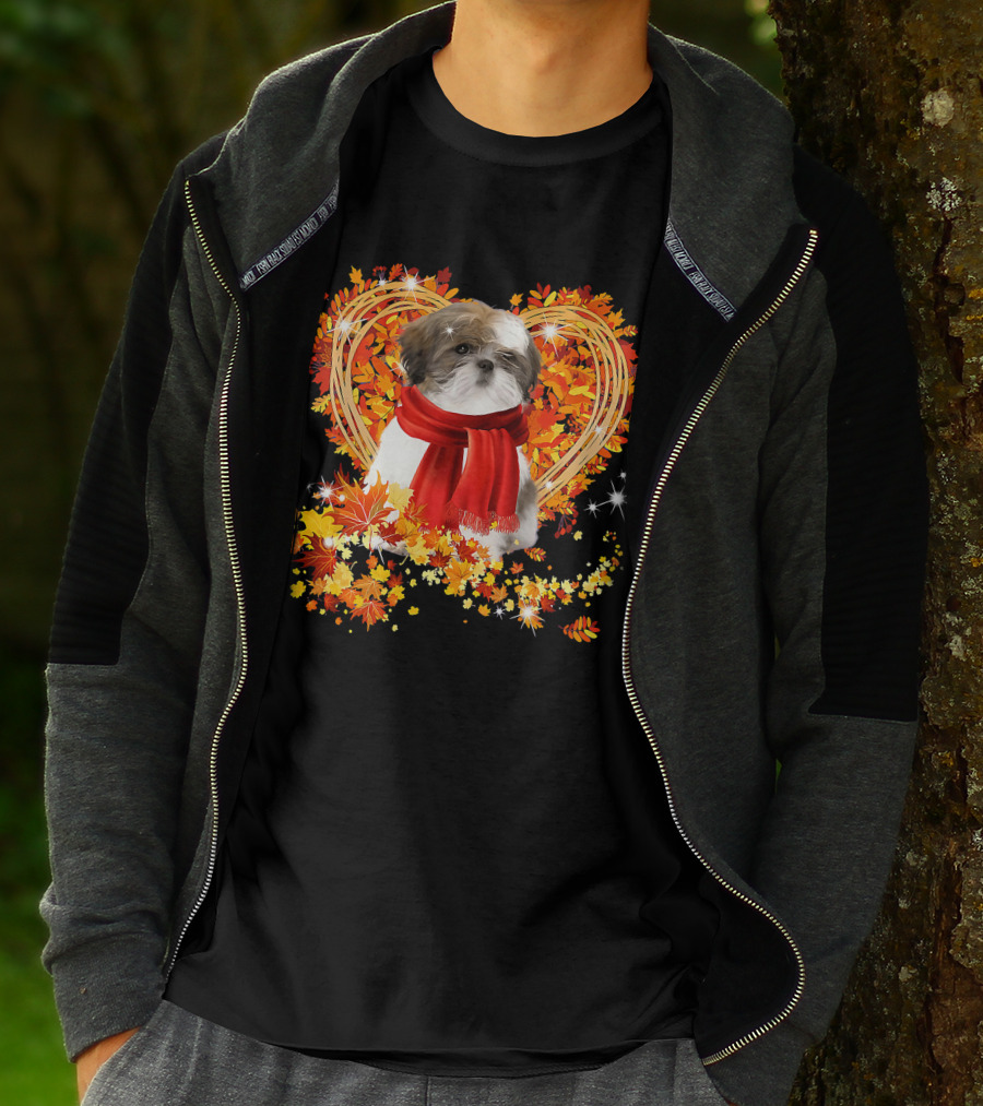 Baby Shih Tzu Love Autumn Fall Season With Heart Leaves T-Shirt