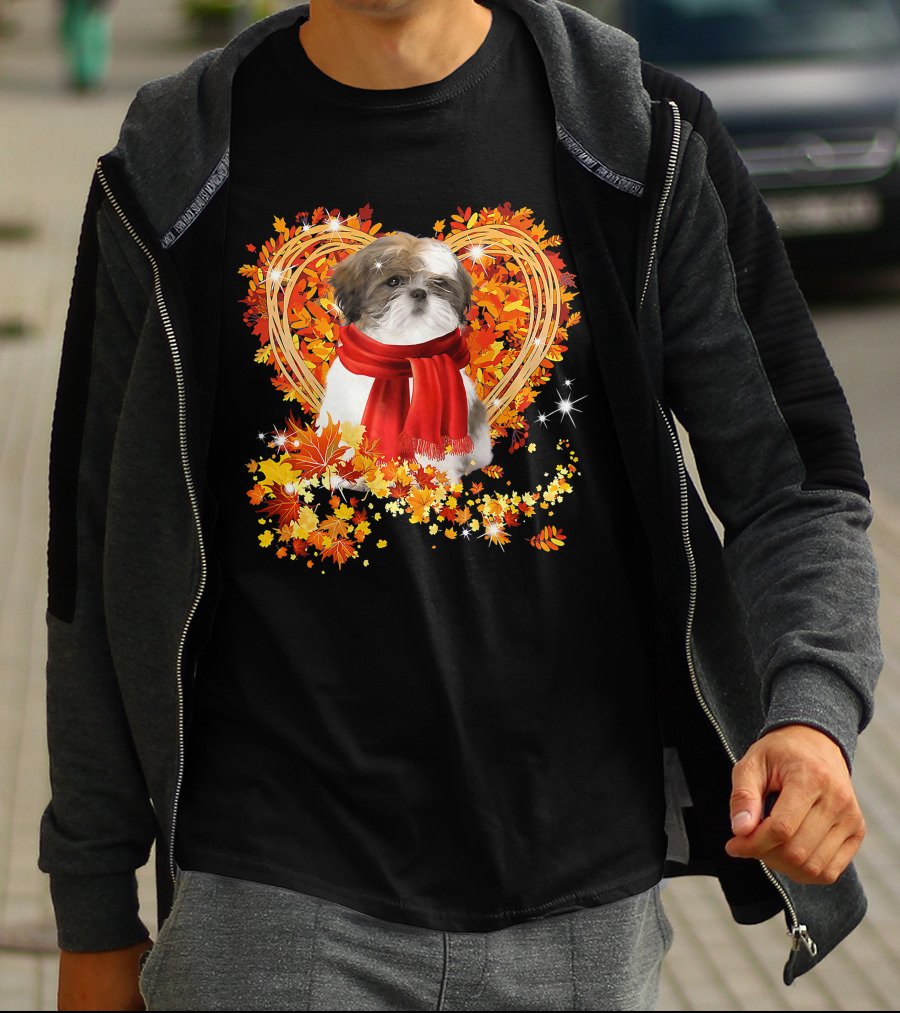 Baby Shih Tzu Love Autumn Fall Season With Heart Leaves T-Shirt
