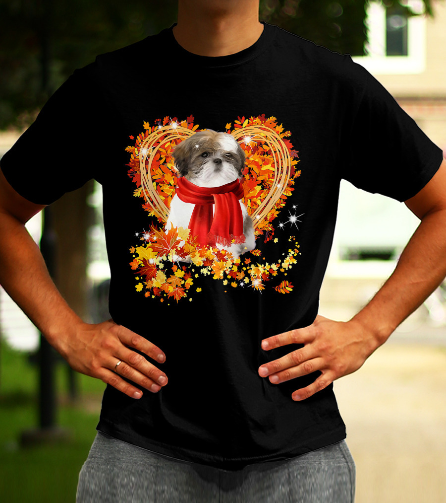 Baby Shih Tzu Love Autumn Fall Season With Heart Leaves T-Shirt