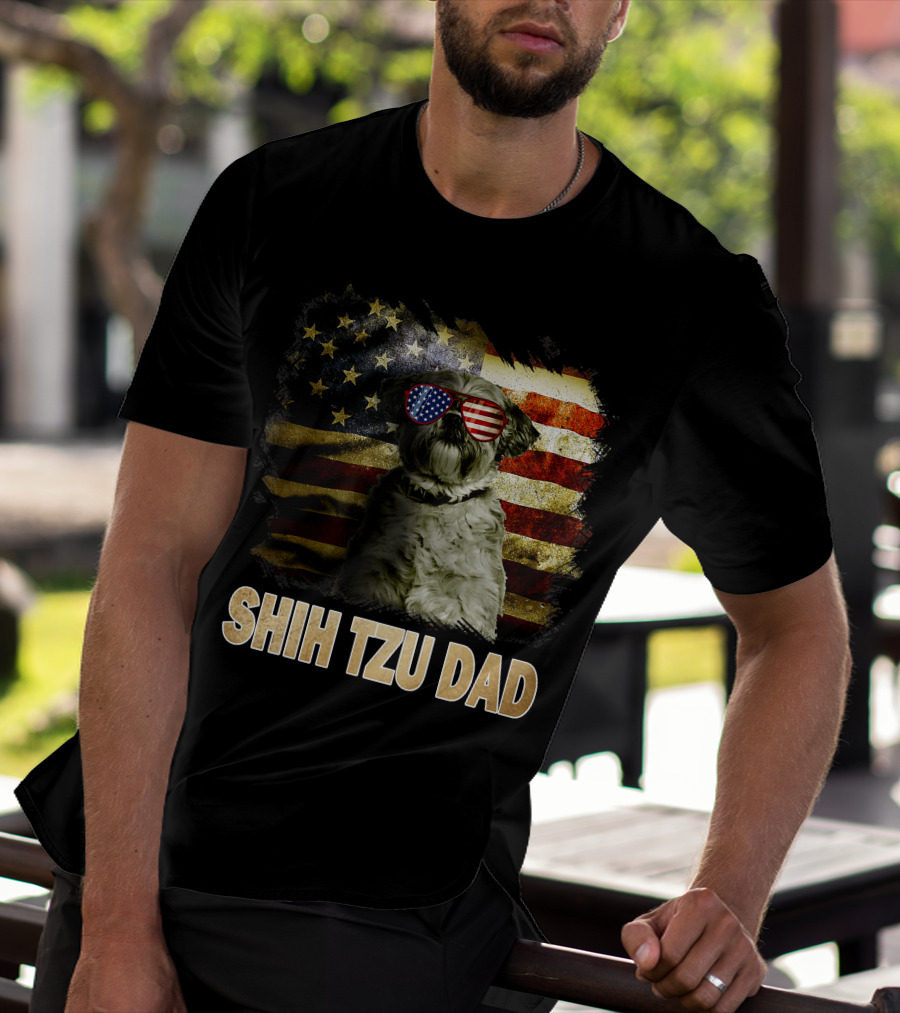 Shih Tzu Dad American Flag Glasses Patriotic Dog Holiday T-Shirt
