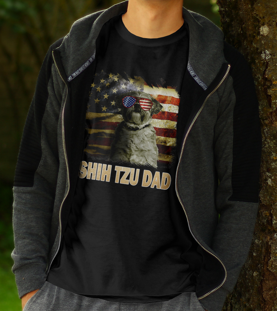 Shih Tzu Dad American Flag Glasses Patriotic Dog Holiday T-Shirt