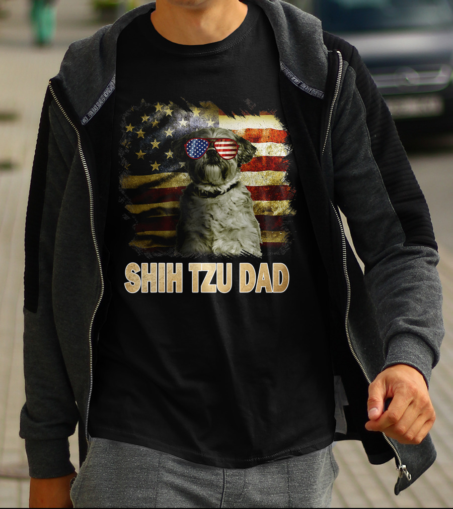 Shih Tzu Dad American Flag Glasses Patriotic Dog Holiday T-Shirt