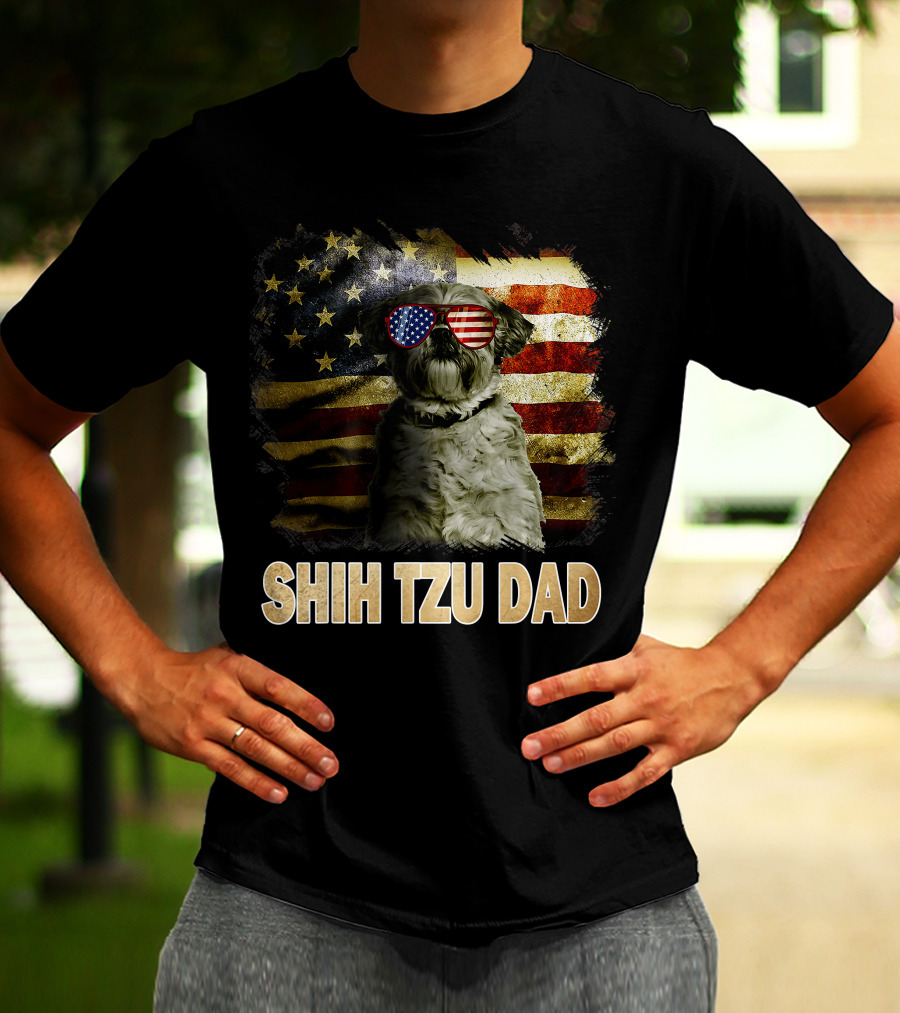 Shih Tzu Dad American Flag Glasses Patriotic Dog Holiday T-Shirt