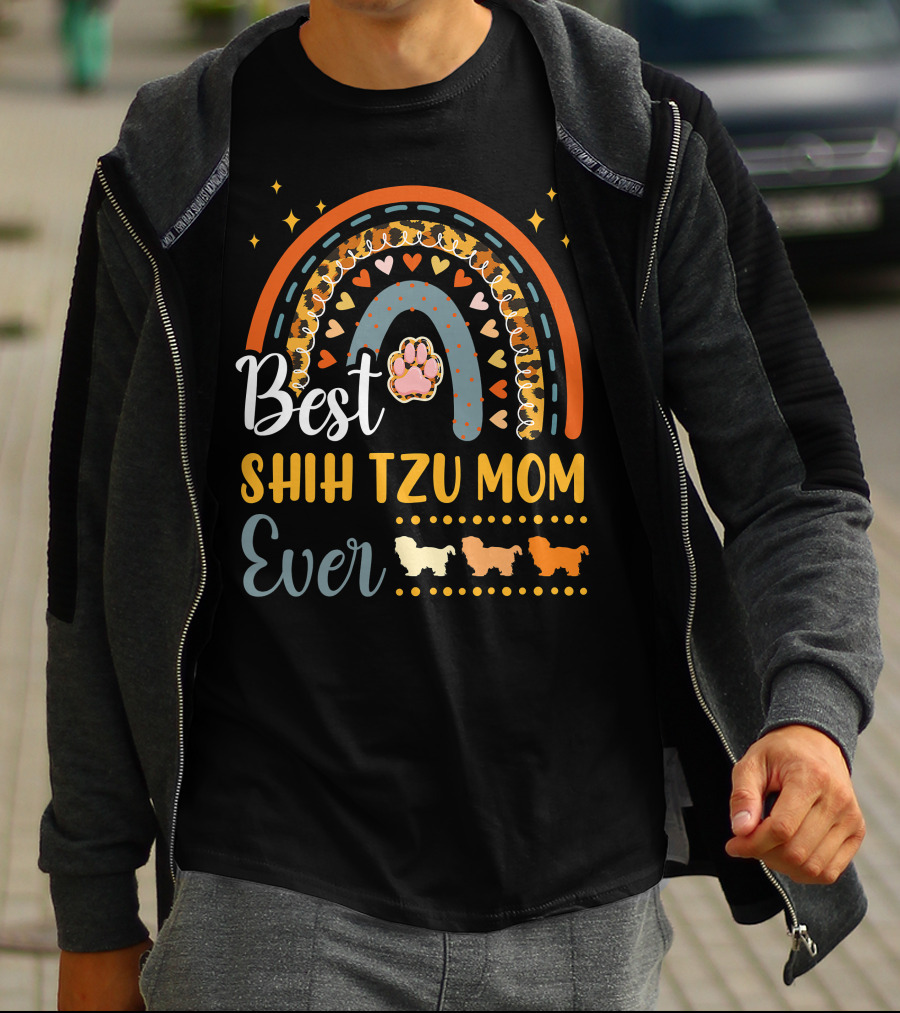 Shih Tzu Mom Ever Paw Print Rainbow Hearts T-Shirt