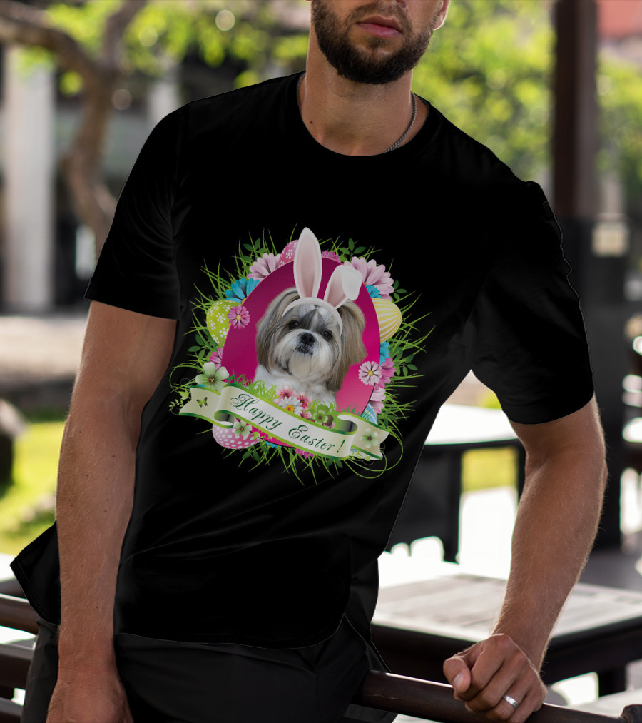 Happy Easter Bunny Shih Tzu Dog With Flowers And Eggs T-Shirt