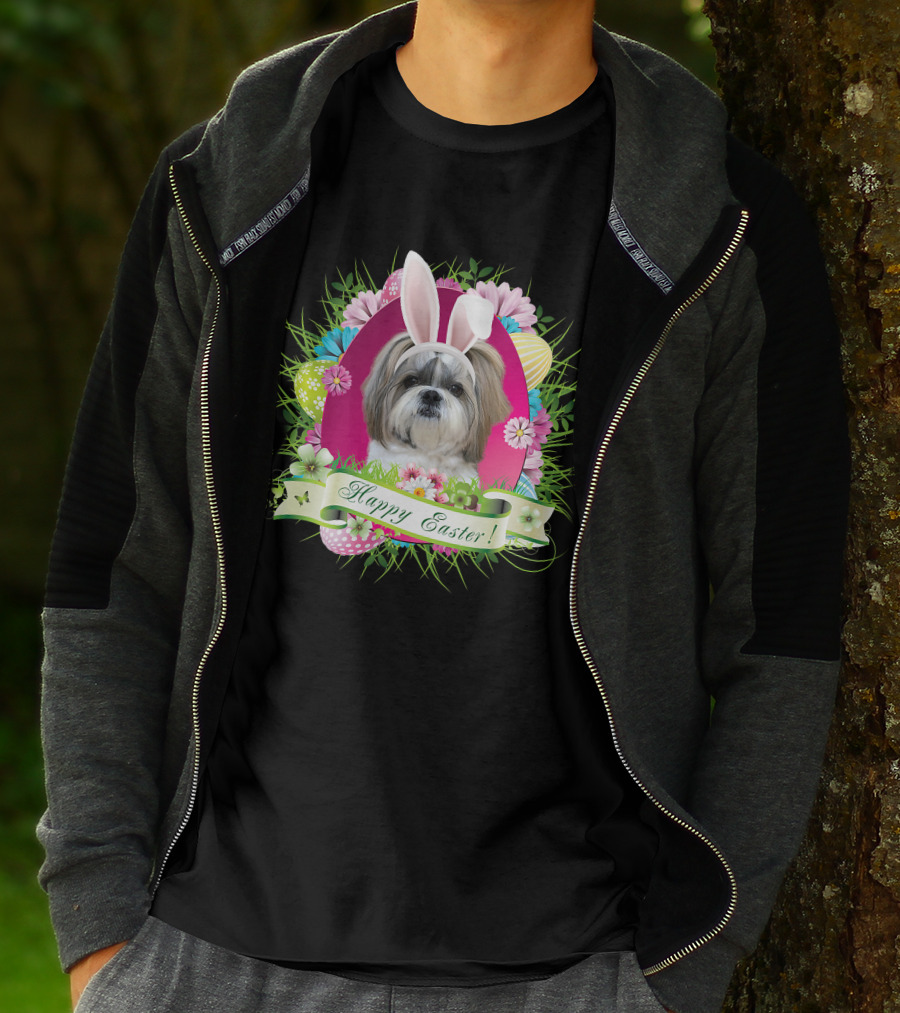 Happy Easter Bunny Shih Tzu Dog With Flowers And Eggs T-Shirt