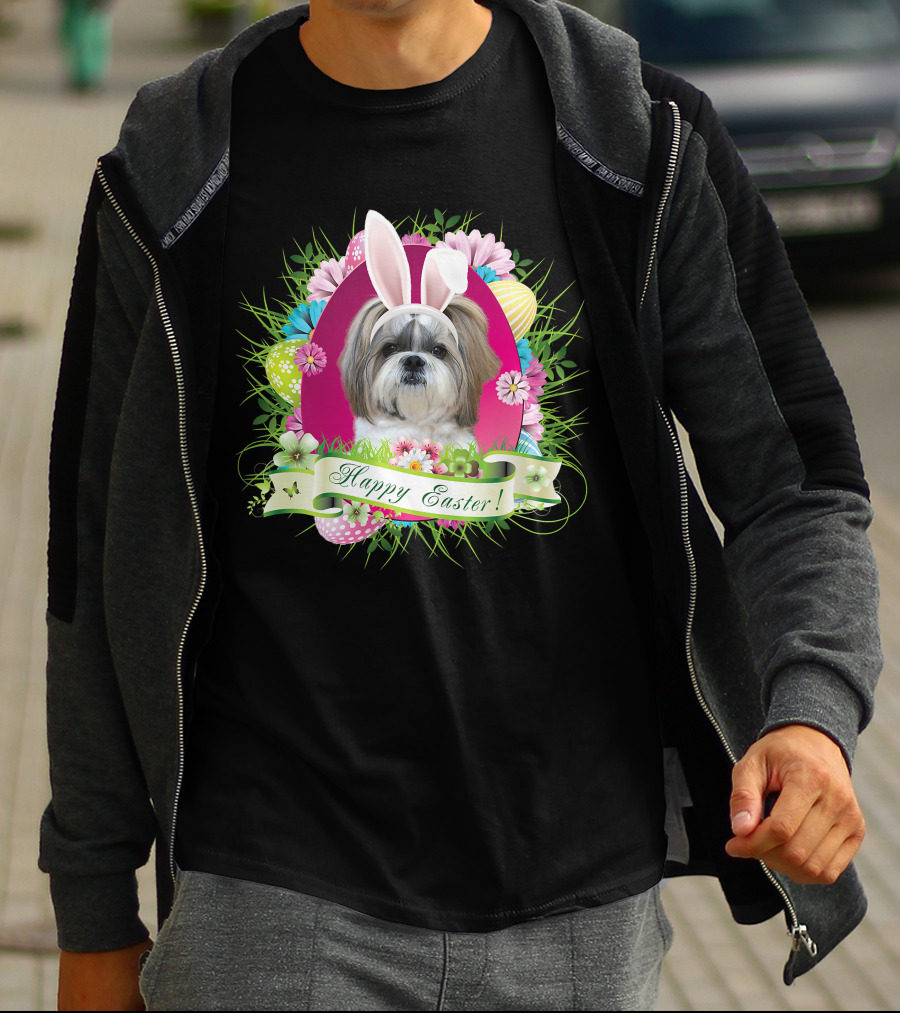Happy Easter Bunny Shih Tzu Dog With Flowers And Eggs T-Shirt
