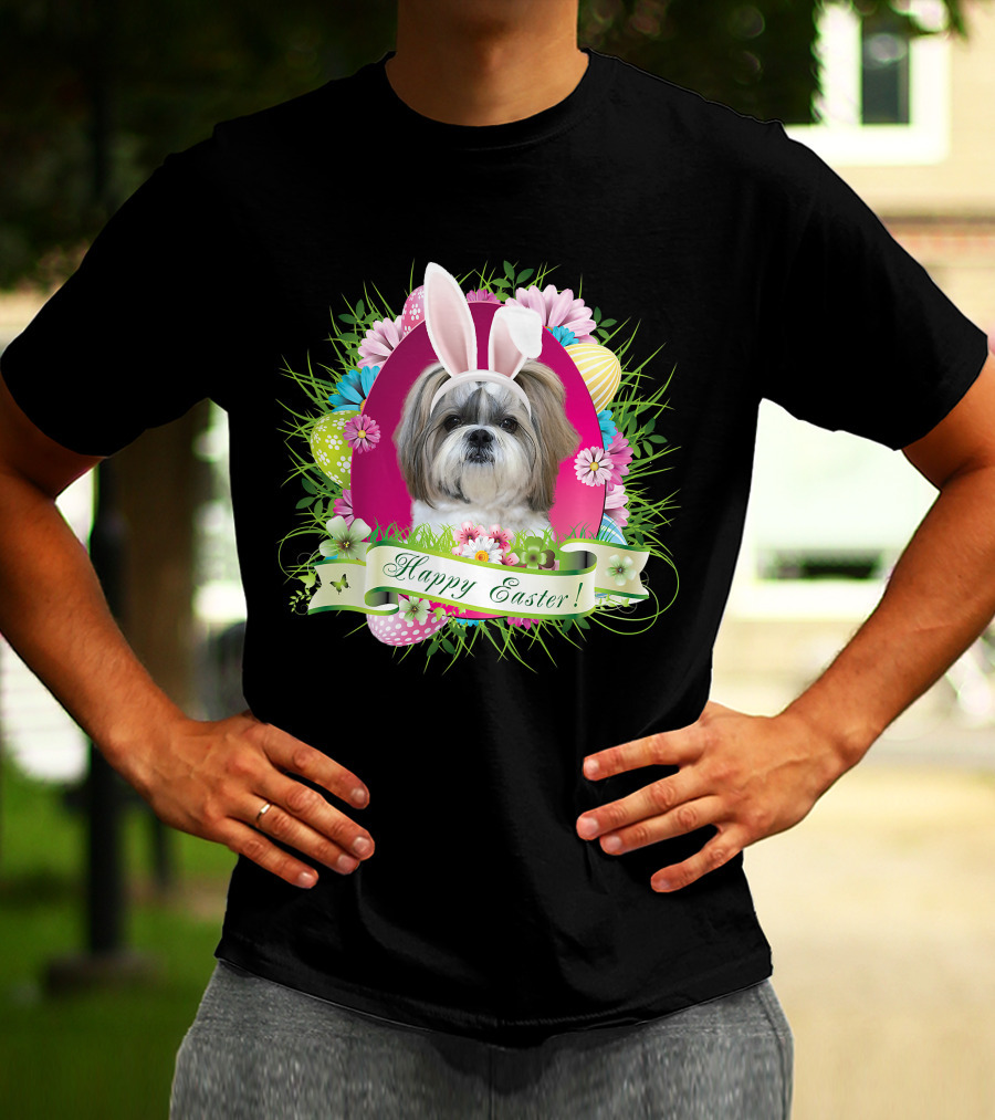 Happy Easter Bunny Shih Tzu Dog With Flowers And Eggs T-Shirt