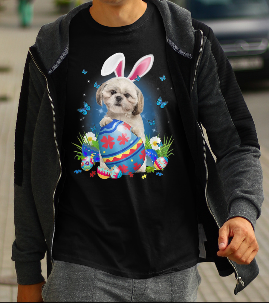 Easter Bunny Shih Tzu With Egg Basket And Flowers T-Shirt
