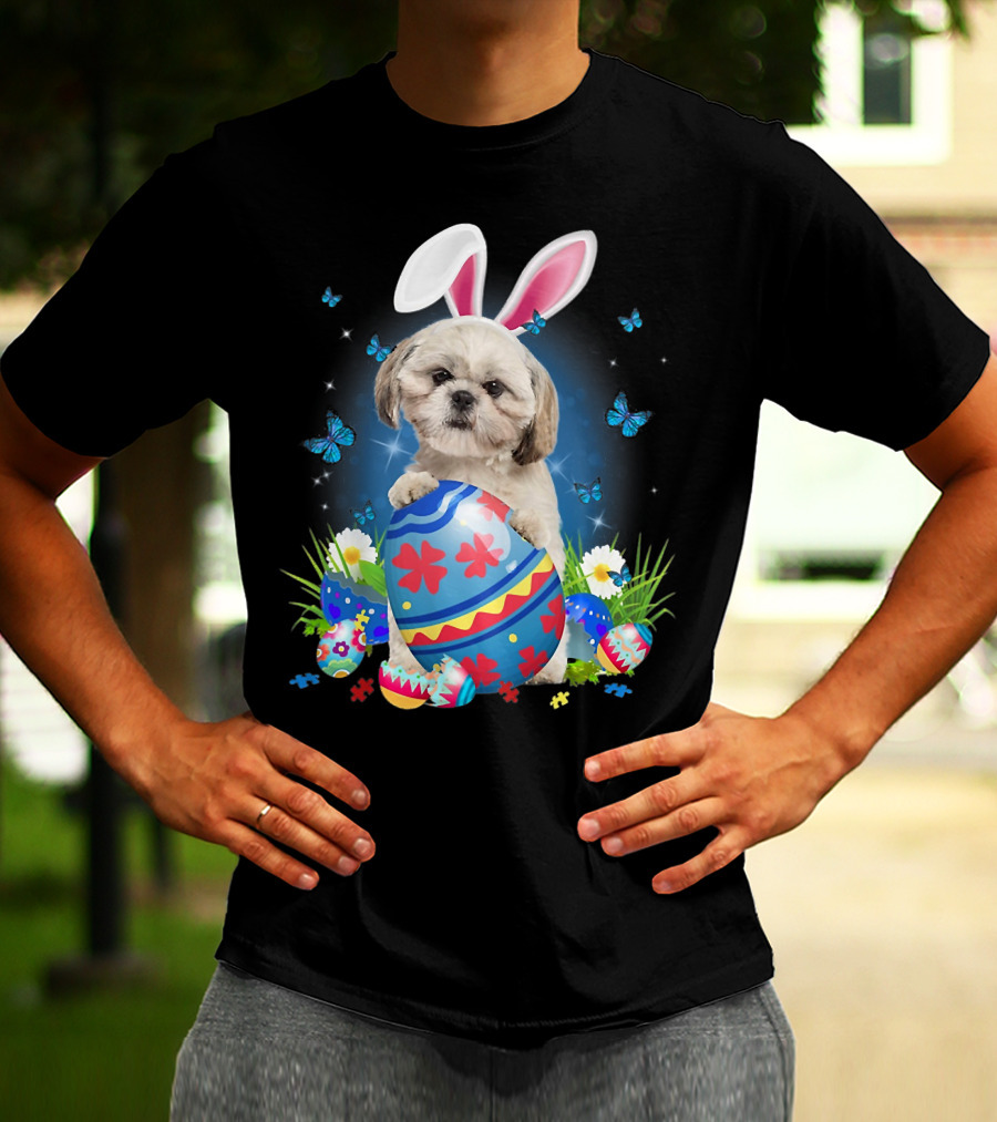 Easter Bunny Shih Tzu With Egg Basket And Flowers T-Shirt