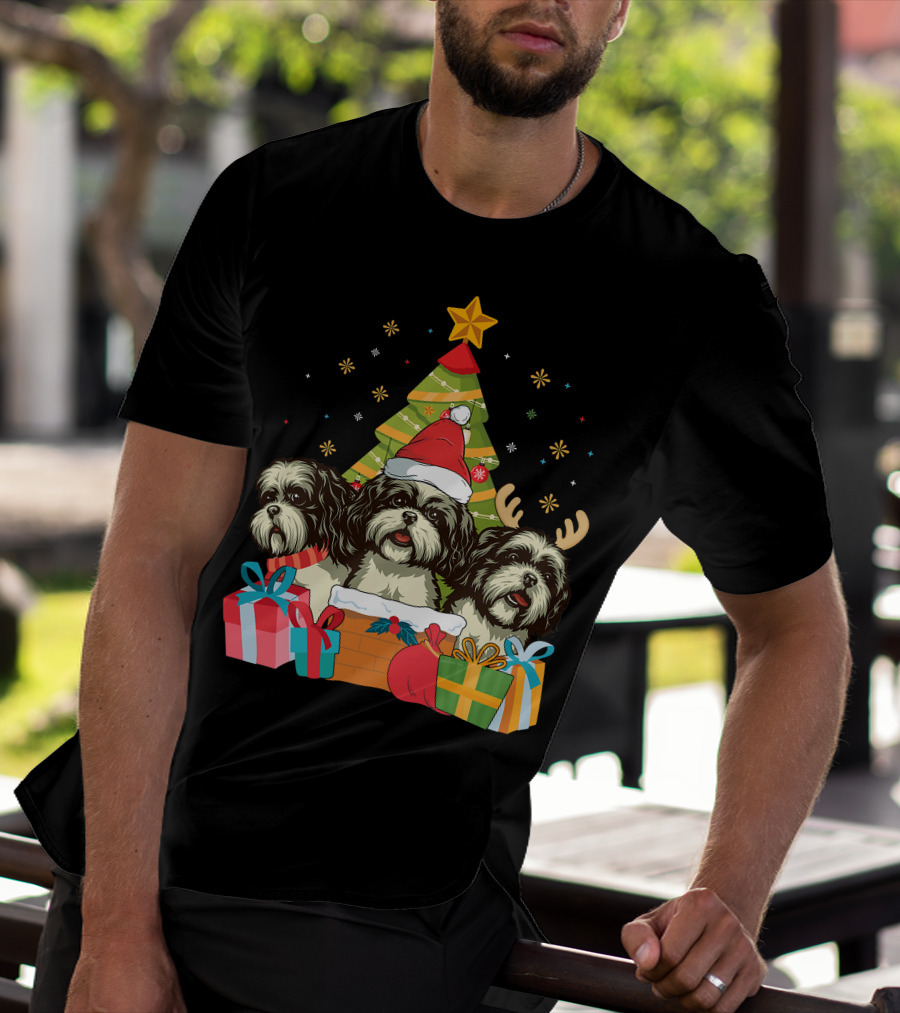 Christmas Shih Tzu Dogs With Santa Hat And Antlers By Xmas Tree T-Shirt
