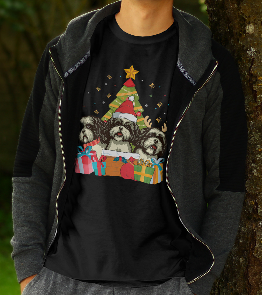 Christmas Shih Tzu Dogs With Santa Hat And Antlers By Xmas Tree T-Shirt
