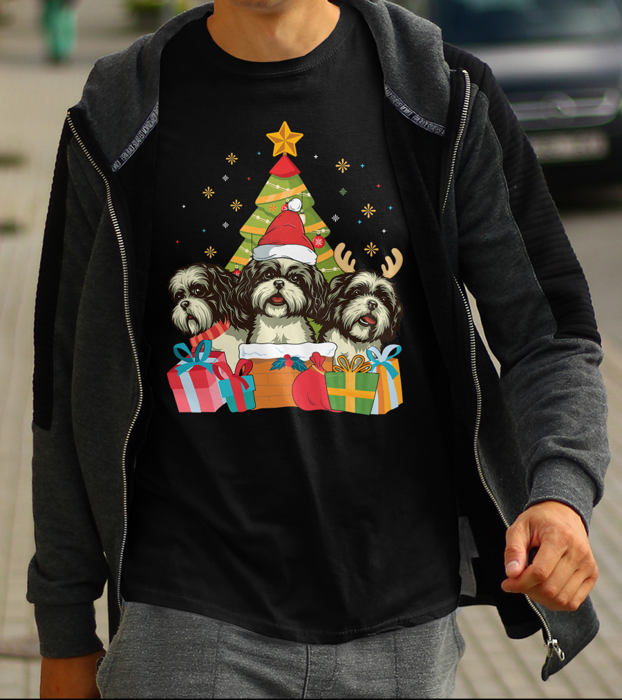 Christmas Shih Tzu Dogs With Santa Hat And Antlers By Xmas Tree T-Shirt