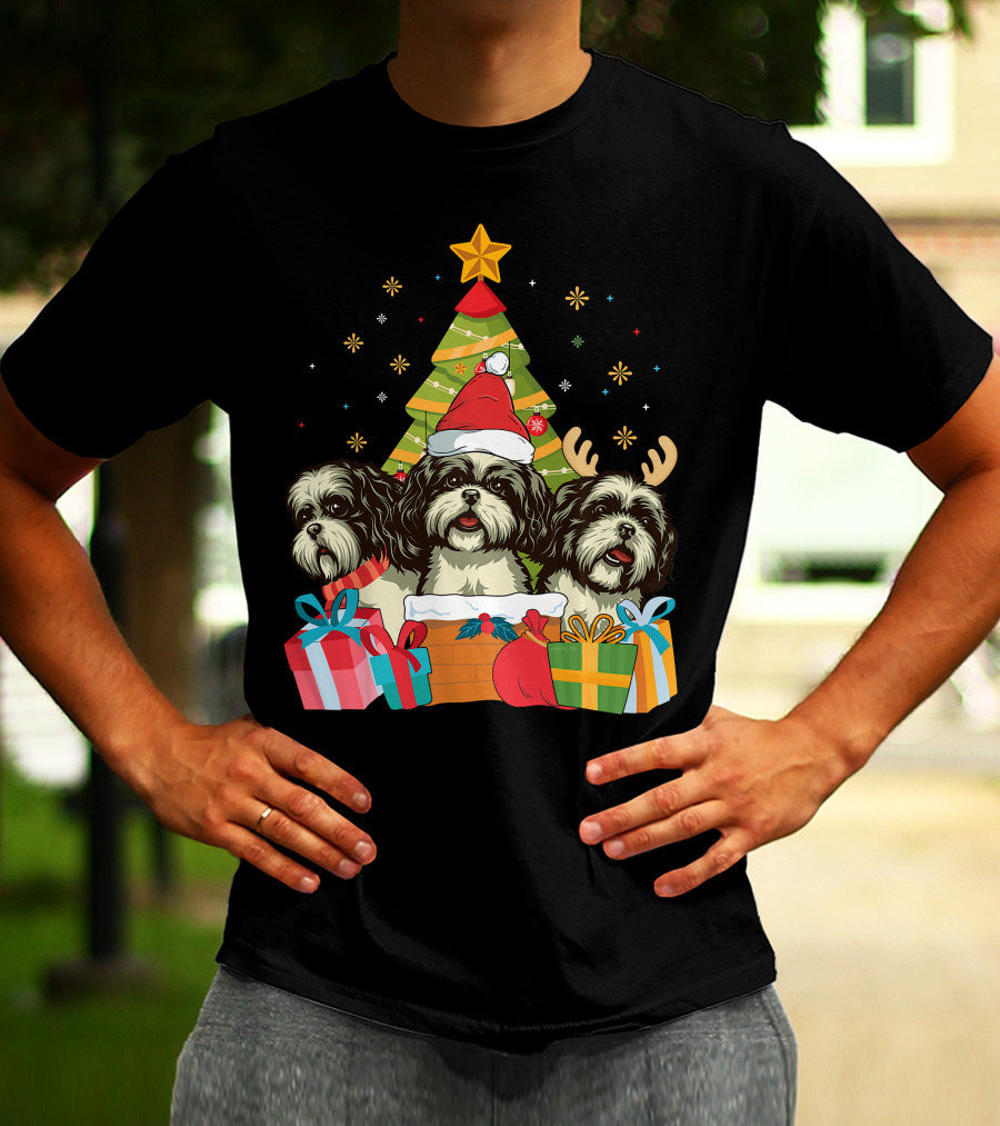 Christmas Shih Tzu Dogs With Santa Hat And Antlers By Xmas Tree T-Shirt