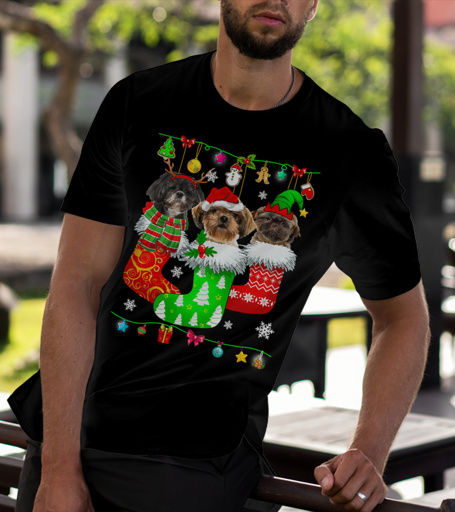 Christmas Shih Tzu Dogs In Festive Holiday Socks Pajama Lover T-Shirt