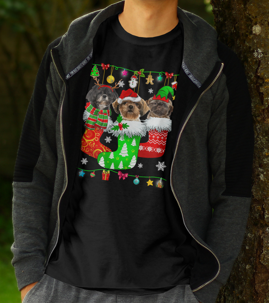 Christmas Shih Tzu Dogs In Festive Holiday Socks Pajama Lover T-Shirt