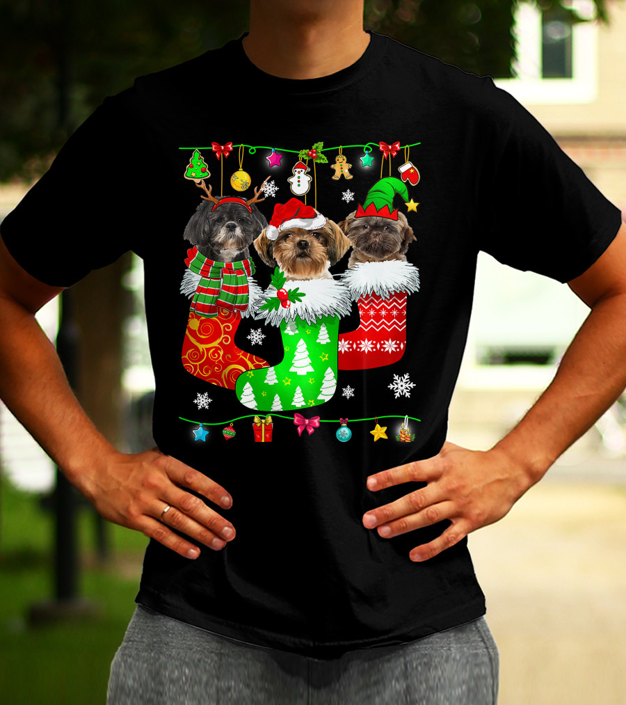 Christmas Shih Tzu Dogs In Festive Holiday Socks Pajama Lover T-Shirt