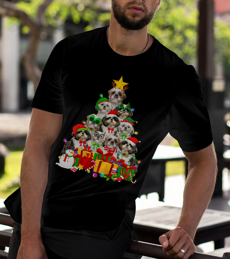 Christmas Tree Puppy Love Shih Tzu Dog Xmas Lights T-Shirt