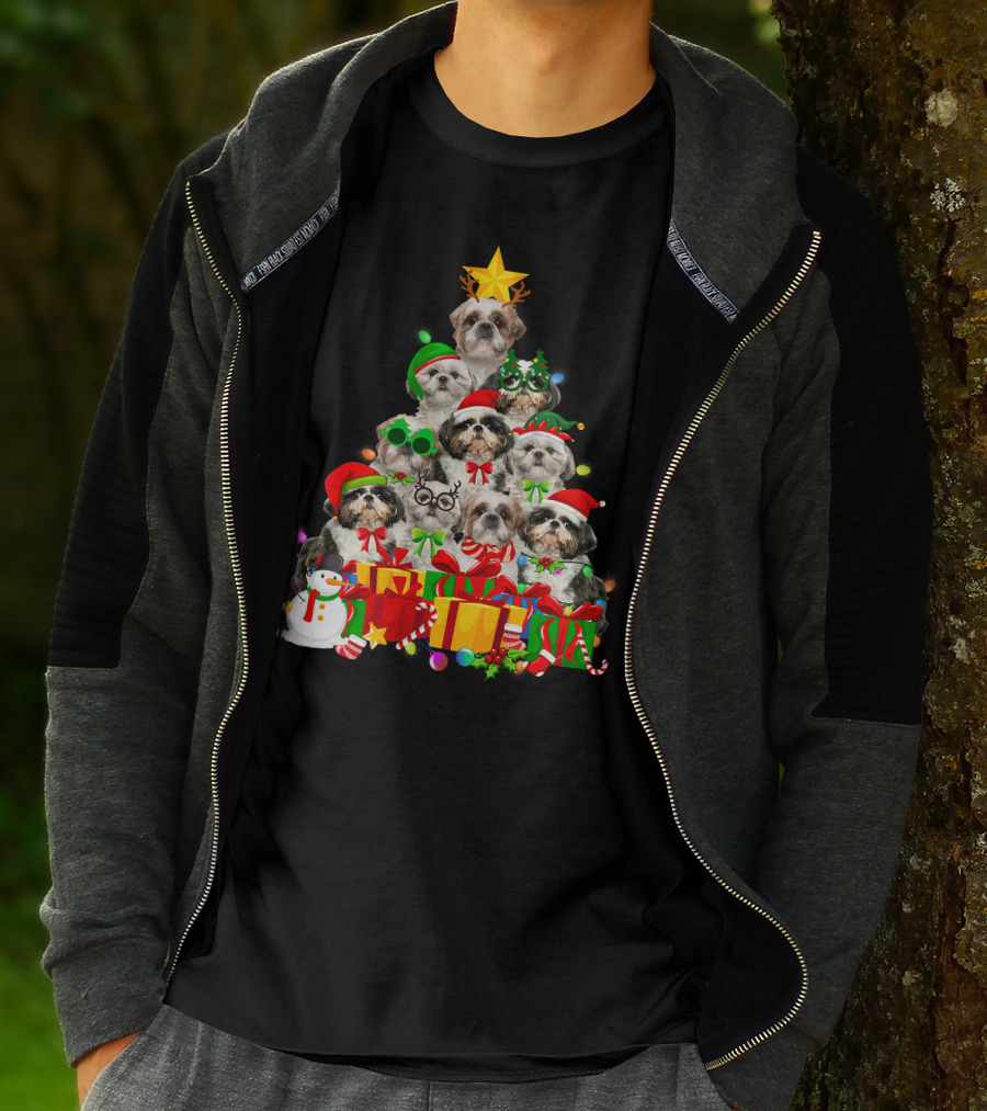 Christmas Tree Puppy Love Shih Tzu Dog Xmas Lights T-Shirt