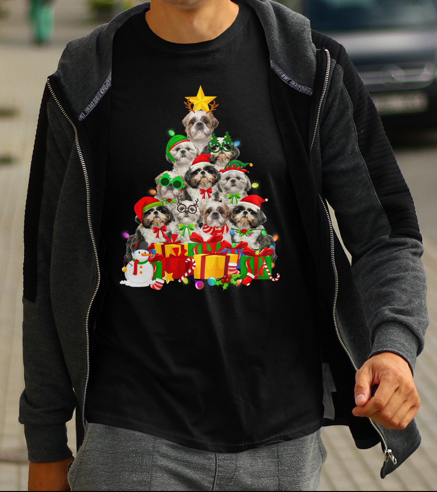 Christmas Tree Puppy Love Shih Tzu Dog Xmas Lights T-Shirt