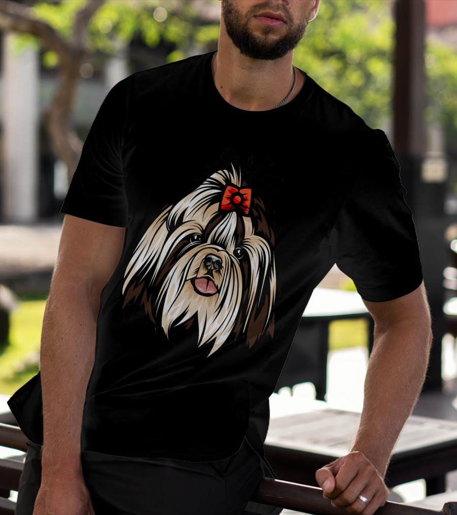 Cool Shih Tzu Face Red Bow Detailed T-Shirt