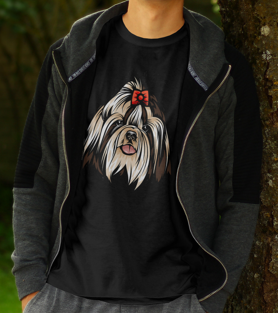 Cool Shih Tzu Face Red Bow Detailed T-Shirt